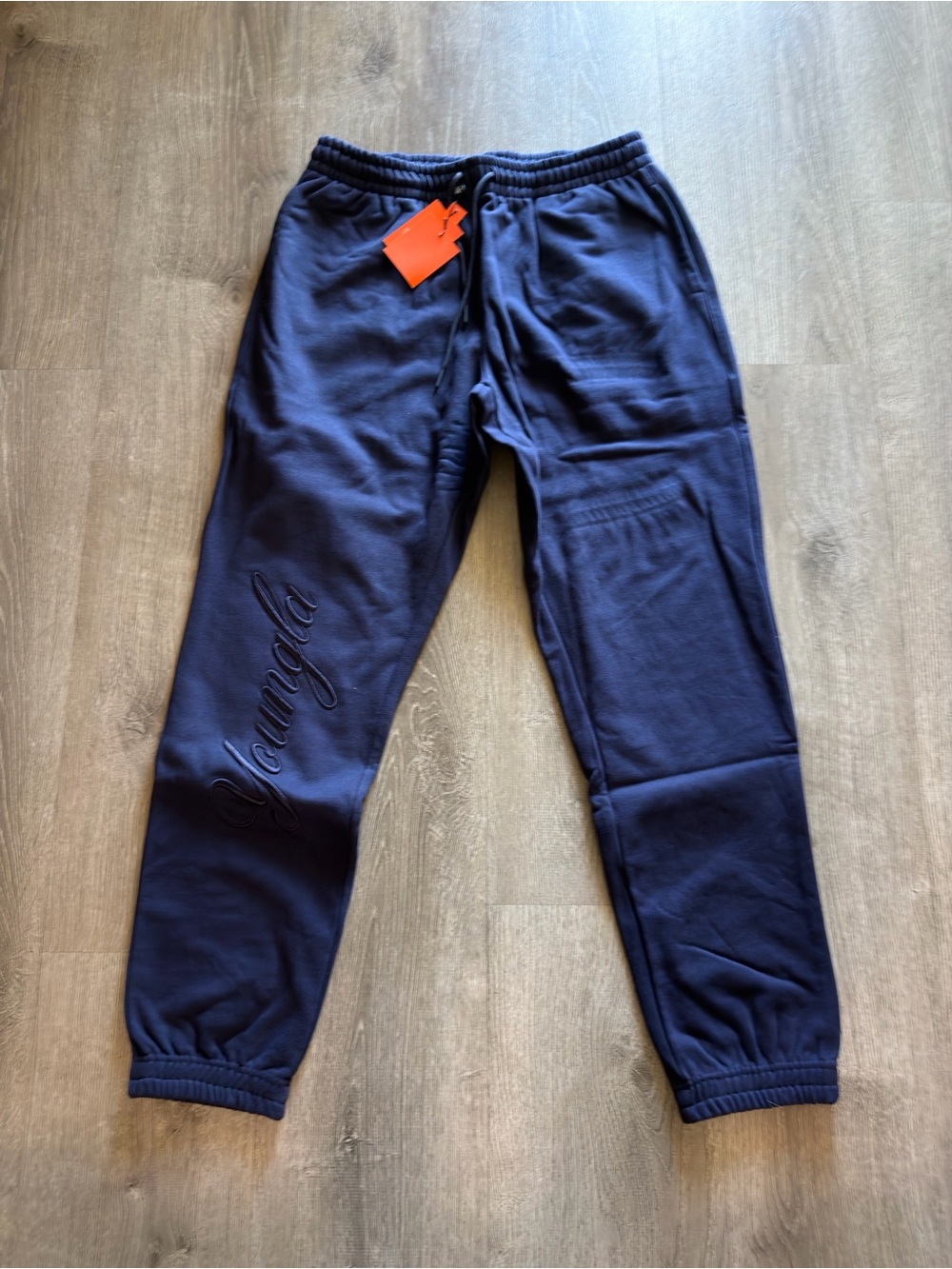 YoungLA Navy Embroidered Script Joggers